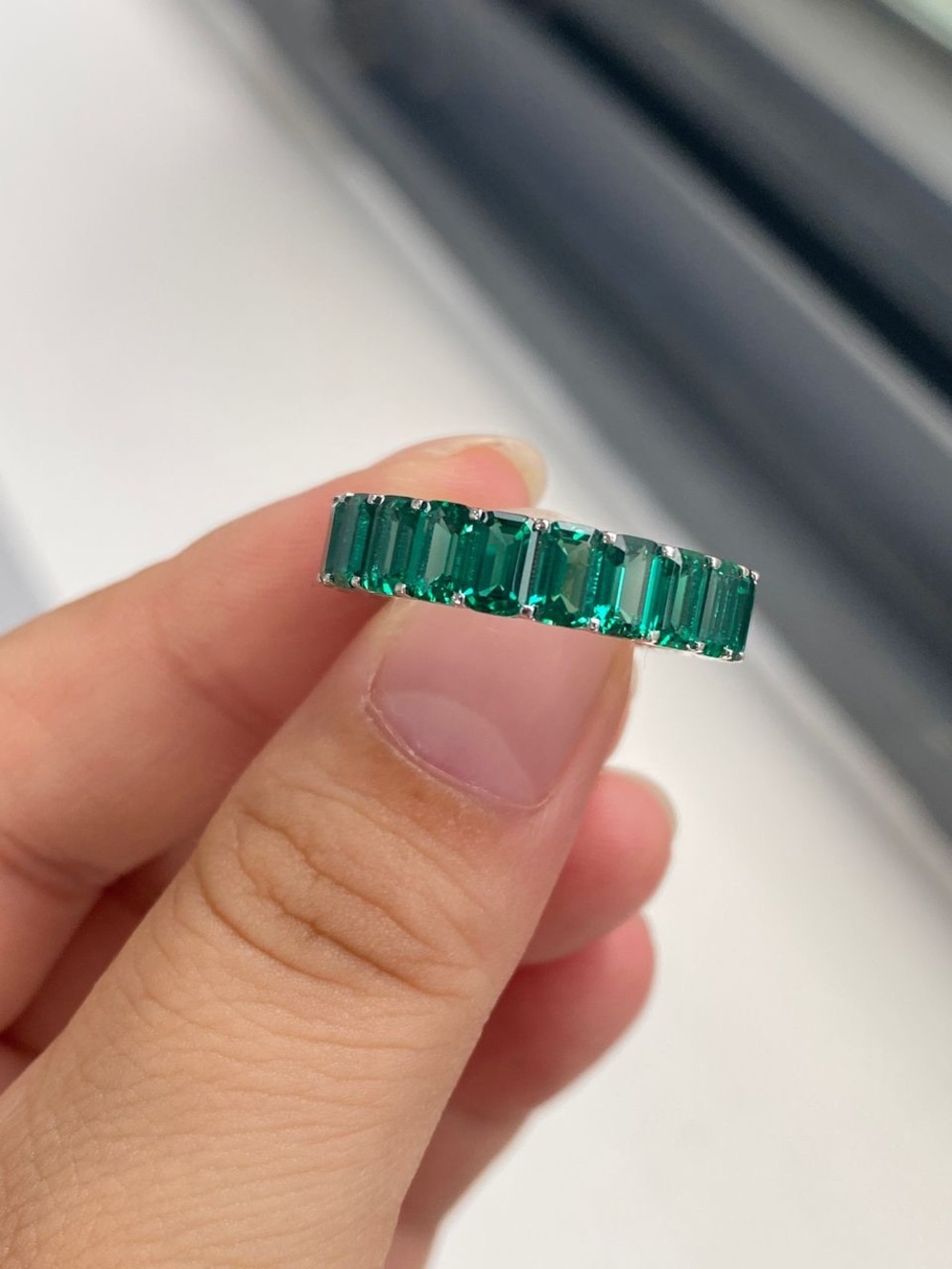 Emerald Cut Sambia Emerald Eternity Band Ring 14K White Gold Size 7 US